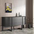 Modern Black Entryway Console Table With Drawers Against Wooden Wall Decorated With Vase And Artwork