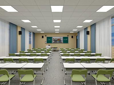 Spacious School Classroom With Neatly Arranged White Desks Green Chairs And Blackboard 3d model