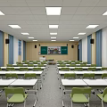 Spacious School Classroom With Neatly Arranged White Desks Green Chairs And Blackboard