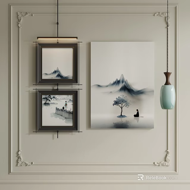 Traditional Landscape Painting with Mountain Tree and Figure in Ink Style Hanging on Wall 3d model 