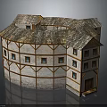 Circular Half Timbered Building With Tiled Roof Multiple Windows And Wooden Door