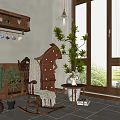 Wooden Rocking Chair With Blanket In Cozy Indoor Space With Green Plants And Natural Light