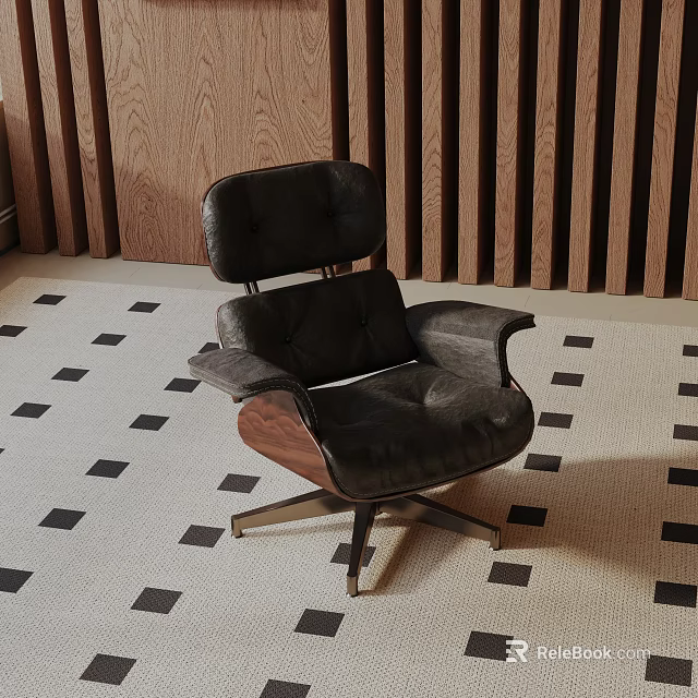 Modern Black Leather Lounge Chair With Wooden Accents On Geometric Pattern Rug 3d model 