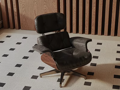 Modern Black Leather Lounge Chair With Wooden Accents On Geometric Pattern Rug 3d model