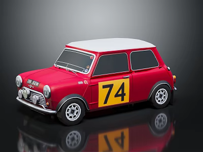 Red Vintage Mini Car Model With White Roof And Yellow Number 74 3d model