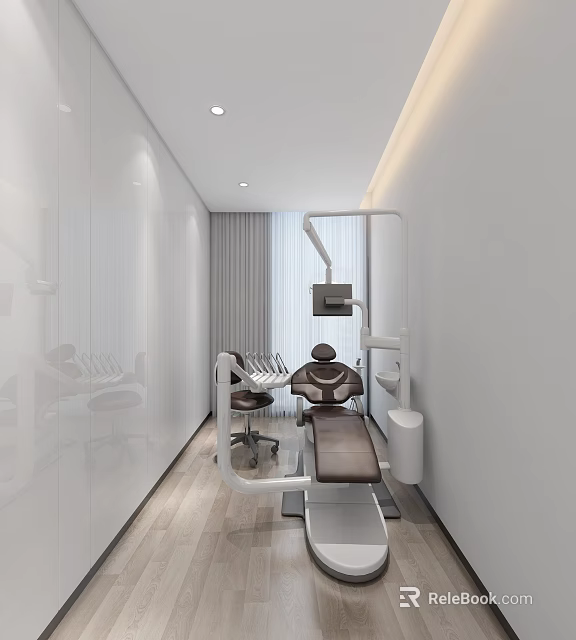 Modern Dental Clinic Interior With White Walls Wooden Flooring Medical Equipment And Treatment Chair 3d model 