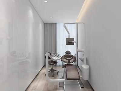 Modern Dental Clinic Interior With White Walls Wooden Flooring Medical Equipment And Treatment Chair 3d model