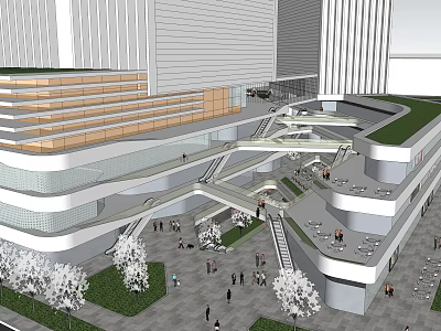 Modern Commercial Complex With Interconnected Walkways Green Roof And Plaza Area 3d model