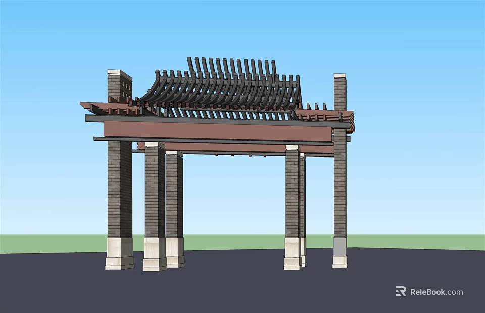 Traditional Chinese Entrance Gate With Stone Pillars And Ornate Wooden Roof 3d model 