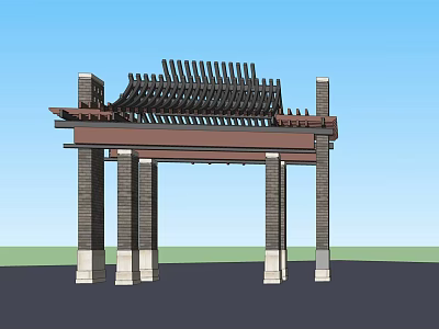 Traditional Chinese Entrance Gate With Stone Pillars And Ornate Wooden Roof 3d model