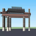 Traditional Chinese Entrance Gate With Stone Pillars And Ornate Wooden Roof