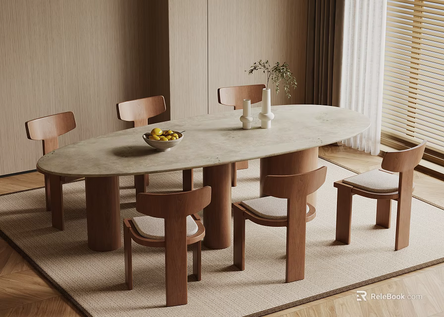 Oval Wooden Dining Table With Six Chairs Fruit Bowl And Plant Vase In Cozy Room 3d model 