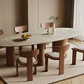 Oval Wooden Dining Table With Six Chairs Fruit Bowl And Plant Vase In Cozy Room