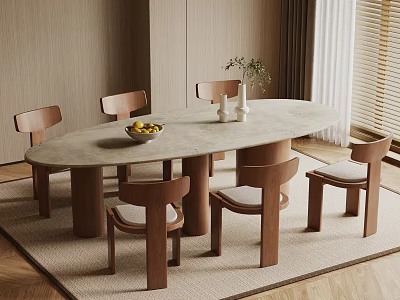 Oval Wooden Dining Table With Six Chairs Fruit Bowl And Plant Vase In Cozy Room 3d model