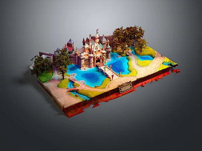 Detailed Miniature Castle Architecture Model With Blue Pool Green Lawn And Trees 3d model