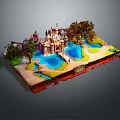 Detailed Miniature Castle Architecture Model With Blue Pool Green Lawn And Trees