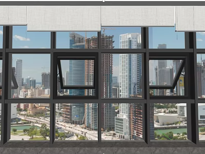 Modern Building Exterior Wall With Large Glass Windows Black Frames And City Skyline View 3d model