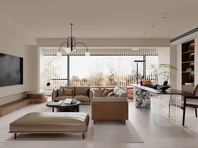 Modern Living Dining Room Interior With Sofa Coffee Table TV And Large Windows 3d model