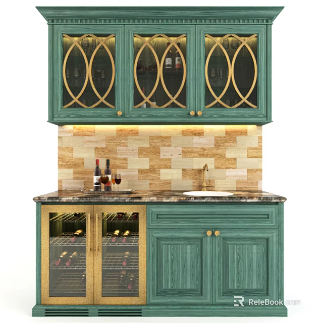 Green Wine Cabinet Featuring Gold Accents Glass Doors And Brick Backsplash With Wine Bottles 3d model 