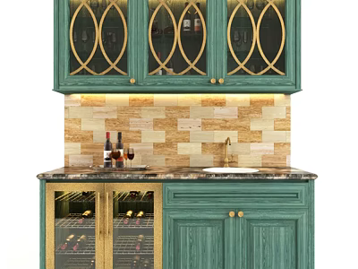 Green Wine Cabinet Featuring Gold Accents Glass Doors And Brick Backsplash With Wine Bottles 3d model