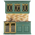 Green Wine Cabinet Featuring Gold Accents Glass Doors And Brick Backsplash With Wine Bottles
