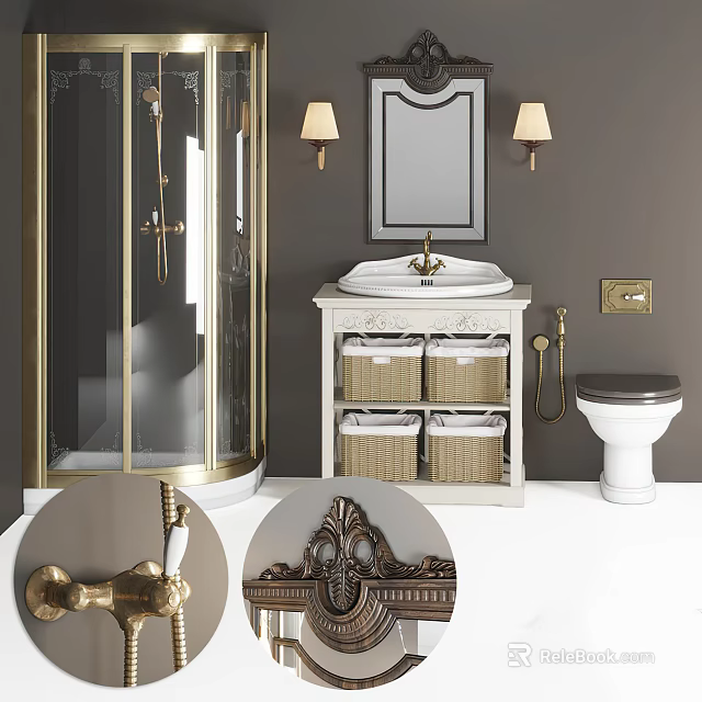 Elegant Modern Bathroom Vanity with Mirror Wall Lamps and Cabinet with Baskets and Brass Accents 3d model 