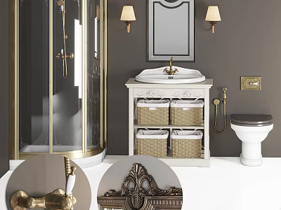 Elegant Modern Bathroom Vanity with Mirror Wall Lamps and Cabinet with Baskets and Brass Accents 3d model