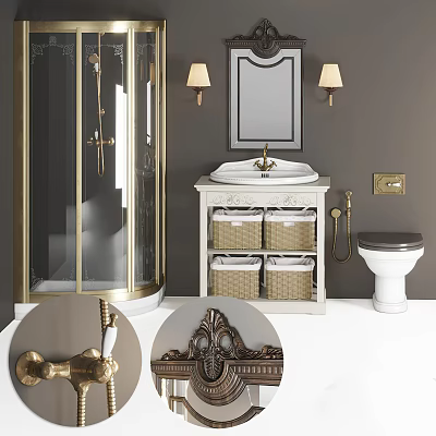 Elegant Modern Bathroom Vanity with Mirror Wall Lamps and Cabinet with Baskets and Brass Accents 3d model
