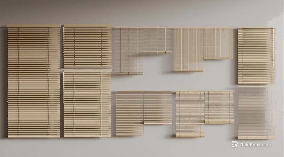 Various Styles Of Wooden Blinds Arranged On Interior Wall For Decoration 3d model 