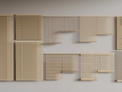 Various Styles Of Wooden Blinds Arranged On Interior Wall For Decoration 3d model