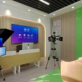 School Media Room With Green Walls Camera Tripod Sofas Laptop And Green Plants Outside Window