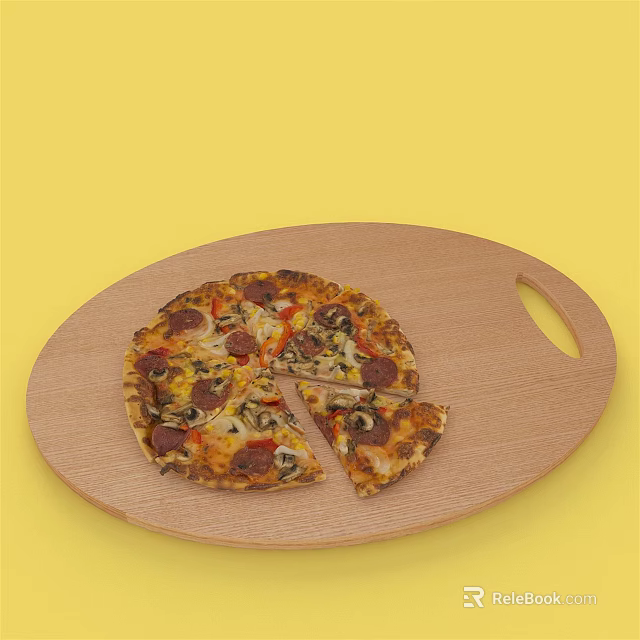 Delicious Pepperoni Mushroom Pizza On Wooden Board With Yellow Background And Slice Missing 3d model 