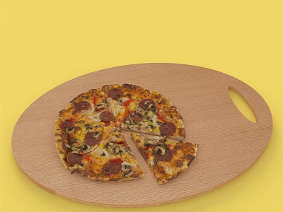 Delicious Pepperoni Mushroom Pizza On Wooden Board With Yellow Background And Slice Missing 3d model