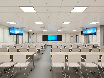 Modern School Classroom Interior With Large Screens Multimedia Equipment And Arranged Desks 3d model