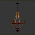 Wooden Chandelier With Red Decorative Ring And Candle Shaped Arms Hanging Chain