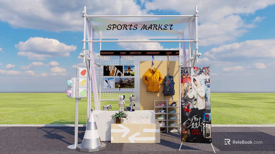 Outdoor Sports Market Stall With Hanging Jackets Backpacks Shelves And Directional Signs 3d model 