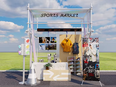 Outdoor Sports Market Stall With Hanging Jackets Backpacks Shelves And Directional Signs 3d model