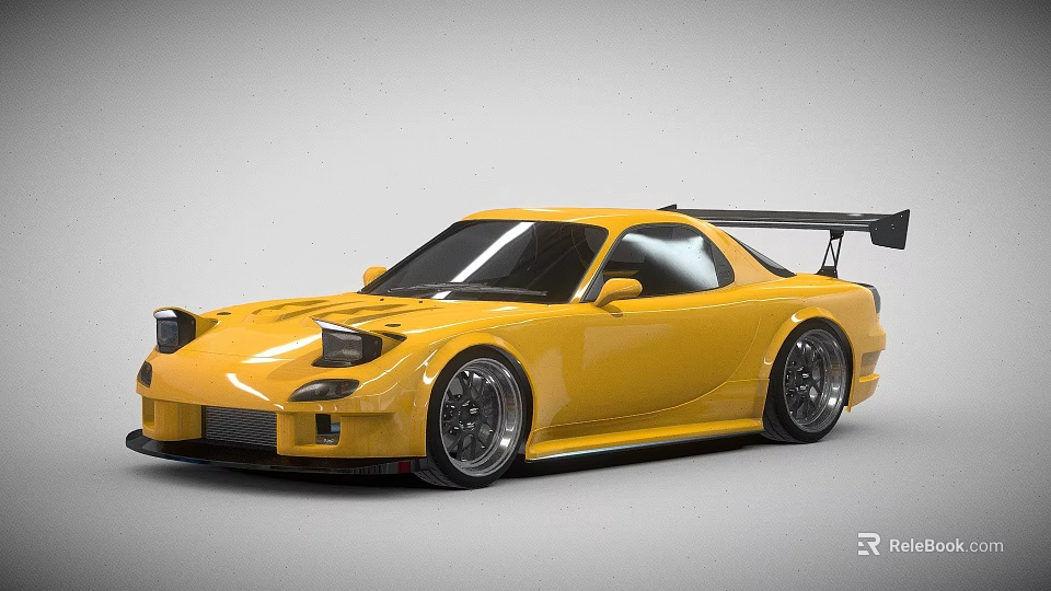 Yellow Modified Sports Car Featuring Streamlined Body Large Wheels and Rear Wing 3d model 