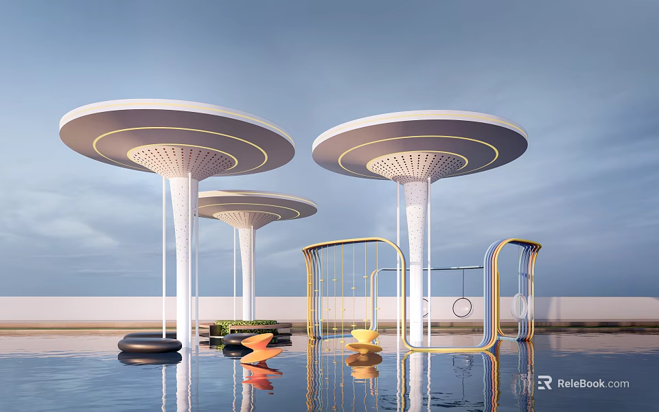 White Circular Perforated Canopy Structures With Pillars Golden Frames And Colorful Objects By Water Pool 3d model