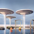 White Circular Perforated Canopy Structures With Pillars Golden Frames And Colorful Objects By Water Pool 3d model