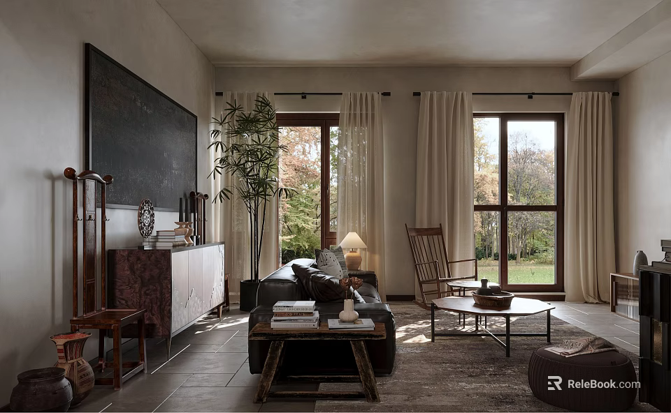 Modern Living and Dining Room Interior With Sofa Coffee Table Large Windows And Plants 3d model 