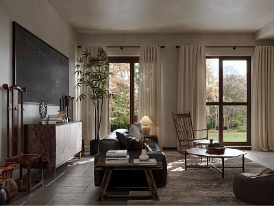 Modern Living and Dining Room Interior With Sofa Coffee Table Large Windows And Plants 3d model