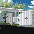 Modern White Building Exterior Wall With Slatted Design Surrounded by Green Trees and Blue Sky