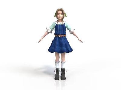 A Woman In Blue Overall Dress With White Top And Green Hair Accessories Standing Pose 3d model
