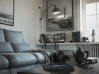 Cozy Living Room Interior Design with Gray Sofa Black White Photos Floor Lamp Bookshelf and Window 3d model