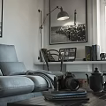 Cozy Living Room Interior Design with Gray Sofa Black White Photos Floor Lamp Bookshelf and Window