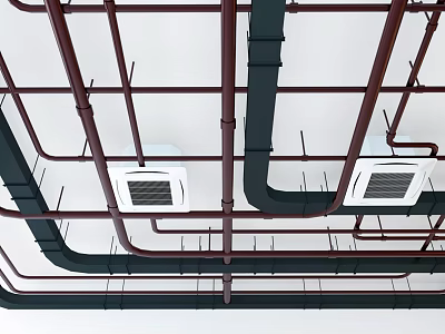 Industrial Style Building Interior Featuring Exposed Metal Ceiling Pipes And Air Vents 3d model