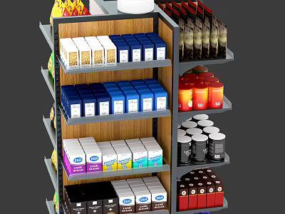 Multi Layered Retail Display Shelves With Assorted Packaged Goods And Organized Storage 3d model