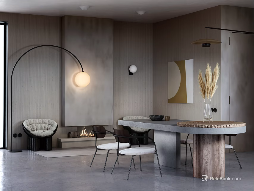 Modern Dining Table Set With Sleek Chairs Pampas Grass Vase And Floor Lamp 3d model 