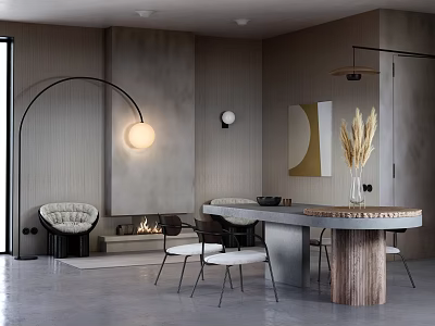 Modern Dining Table Set With Sleek Chairs Pampas Grass Vase And Floor Lamp 3d model